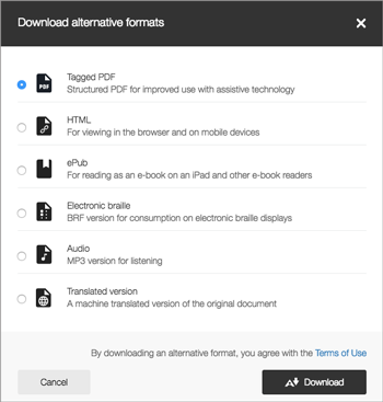 Dropdown menu showing the alternative formats in which a document can be downloaded. These formats are listed immediately after this diagram. After the list formats are the buttons, 'Cancel' and 'Download'. Users are prompted that 'By downloading an alternative formate, you agree with the terms of use'.